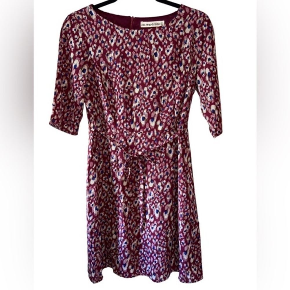 Sm wardrobe Woman’s Maroon Blue Cream Floral Midi Fit & Flare Dress‎ Size Small